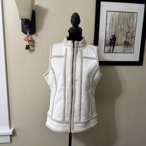 Liz Claiborne Womens Cream Faux Shearling Lined Vest Large Cabincore Zip-Up Cozy